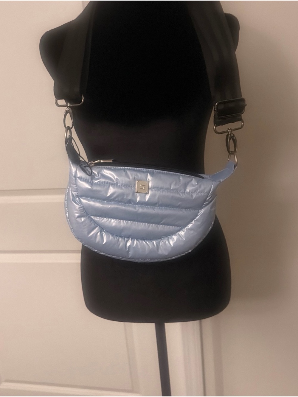 THINK ROYLN Pale Blue Quilted Crescent Crossbody with Wide Strap
